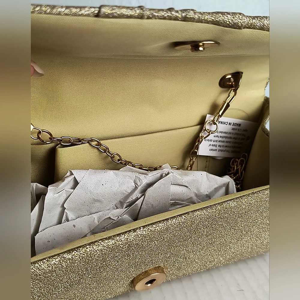 Exquisite Satin Evening Clutch Bag Snap Closure  Shimmer Gold Rhinestone Party